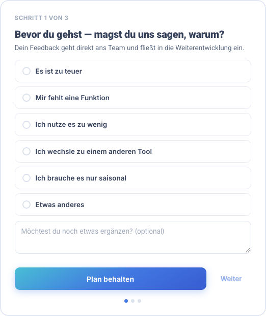 Kündigung Schritt 1 von 3 mit den sechs Gründen und dem Textfeld