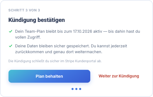 Kündigung Schritt 3 von 3 „Kündigung bestätigen“ mit Datum und dem Knopf „Weiter zur Kündigung“