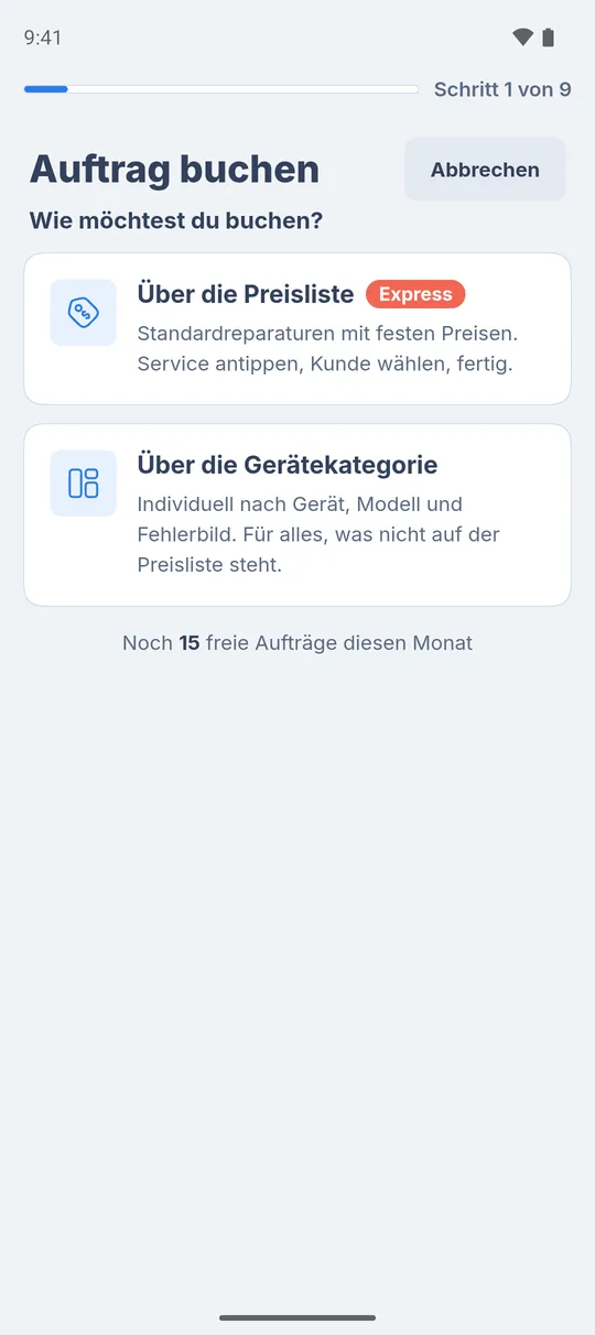 „Auftrag buchen“ mit der Frage „Wie möchtest du buchen?“, den Wegen „Über die Preisliste“ und „Über die Gerätekategorie“ und dem Restzähler für Go