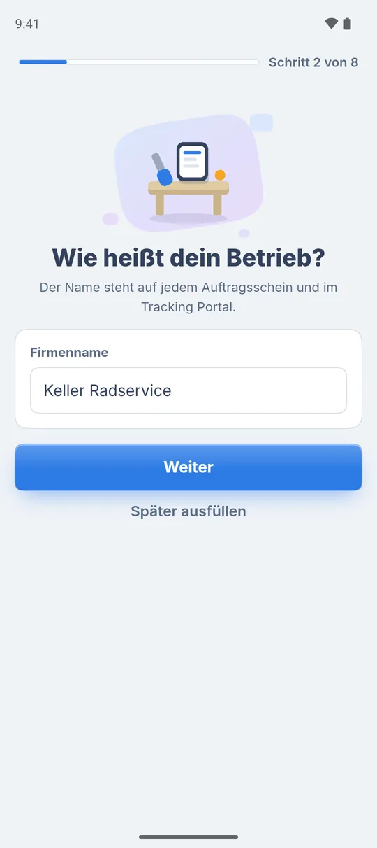 Schritt 2 von 8 „Wie heißt dein Betrieb?“ mit dem Feld „Firmenname“, „Weiter“ und „Später ausfüllen“