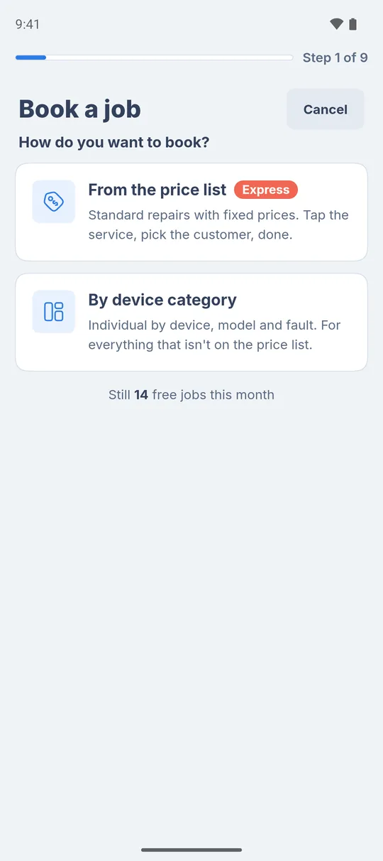 “Book a job” with the question “How do you want to book?”, the options “From the price list” and “By device category” and the remaining-jobs counter on Go