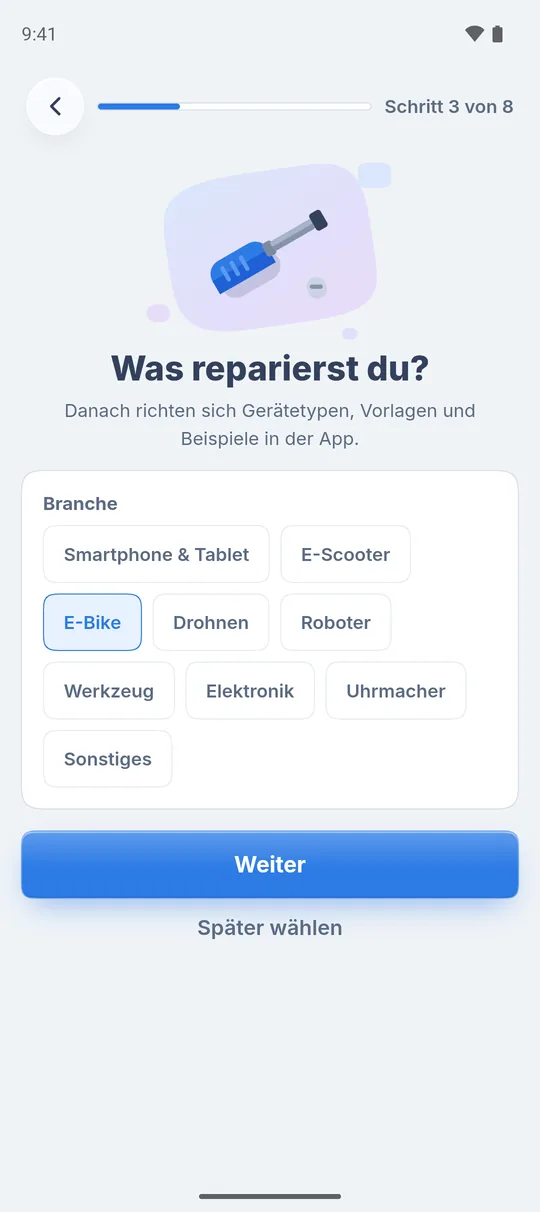 Schritt 3 von 8 „Was reparierst du?“ mit den Branchen zur Auswahl, E-Bike ist gewählt