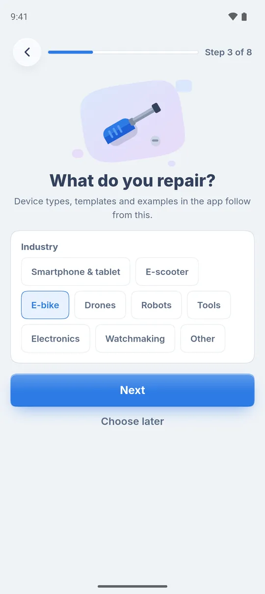 Step 3 of 8 “What do you repair?” with the industries to choose from, E-bike selected