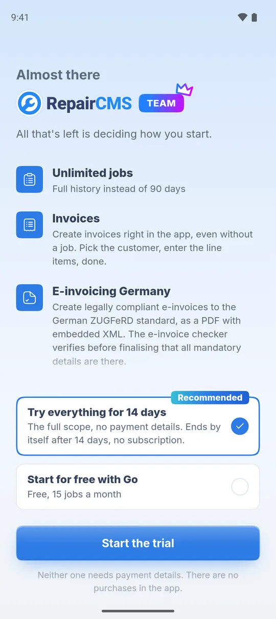 Plan choice “Almost there” with the cards “Try everything for 14 days” (Recommended) and “Start for free with Go” and the “Start the trial” button