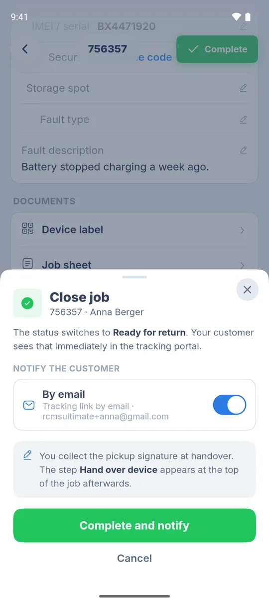“Close job” sheet with the “By email” switch under “Notify the customer” and the green “Complete and notify” button