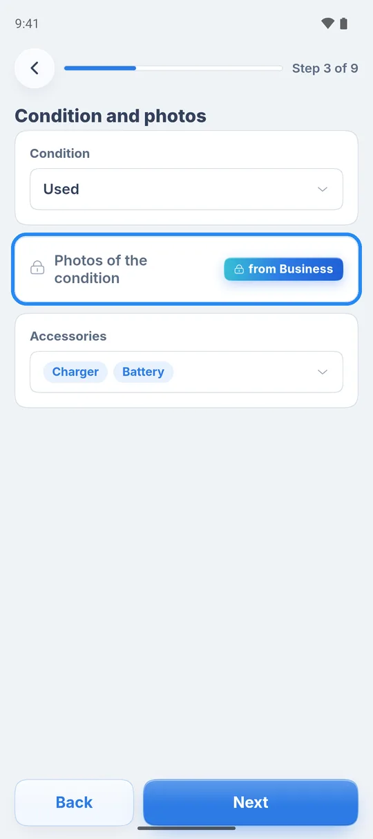 Step 3 of 9 “Condition and photos” on Go with condition, accessories and the “Photos of the condition” card marked “from Business”