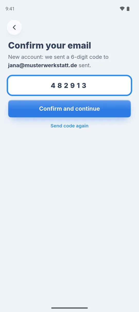 “Confirm your email” screen with the 6-digit code, “Confirm and continue” and “Send code again”