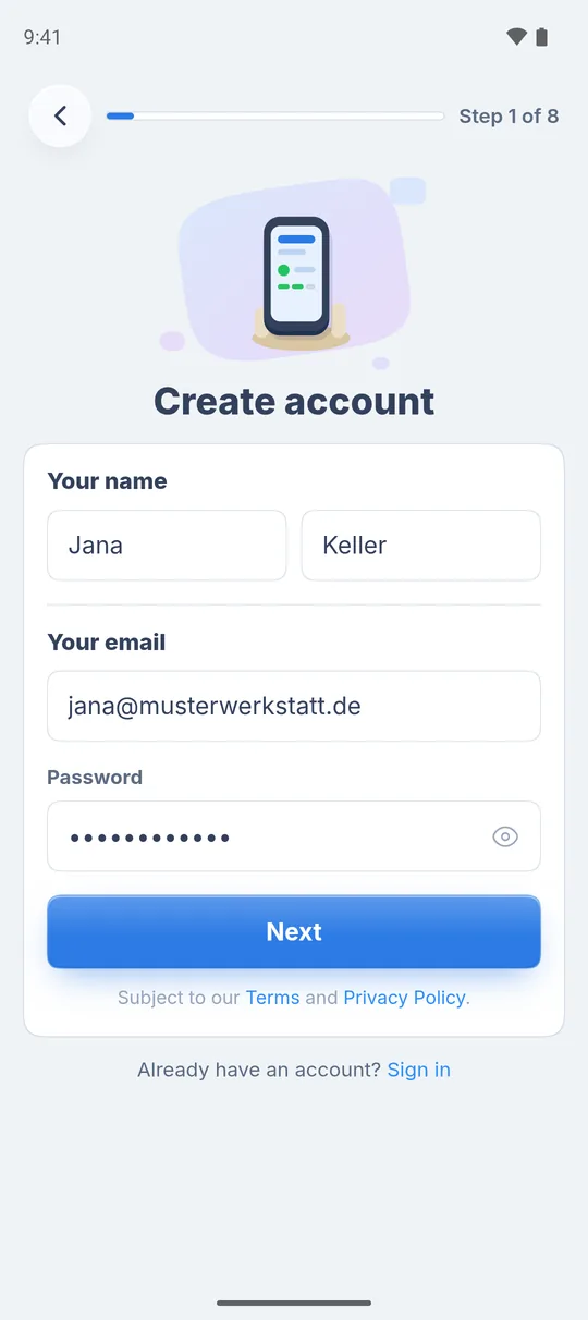 Step 1 of 8 “Create account” in the RepairCMS app with name, email, password and the “Next” button