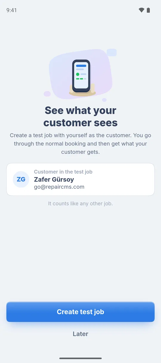 “See what your customer sees” with the card “Customer in the test job” and the “Create test job” button
