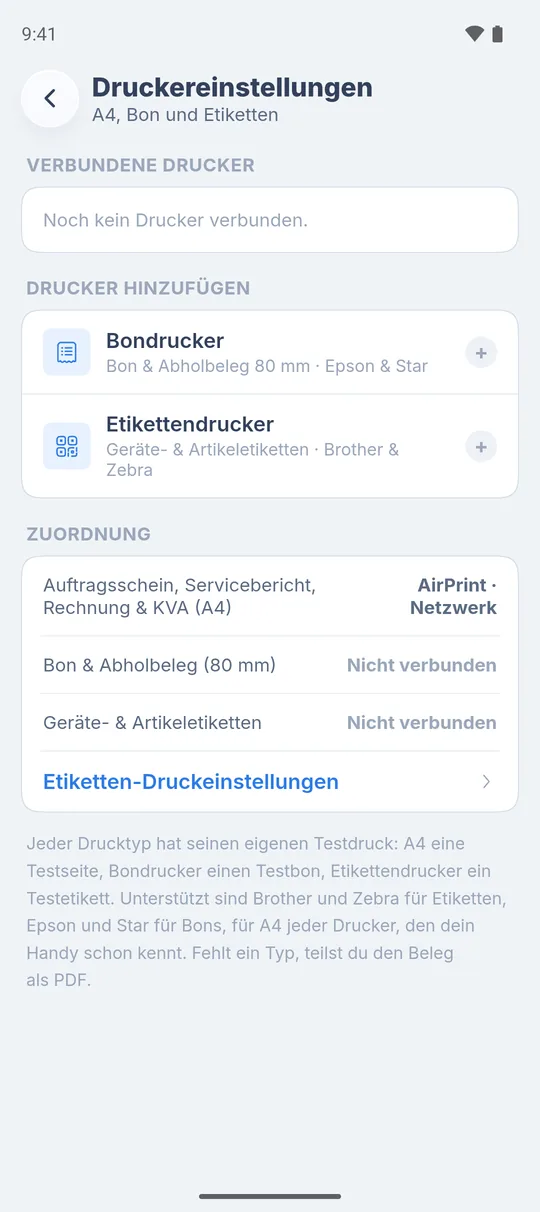 Druckereinstellungen in der RepairCMS App mit „Verbundene Drucker“, „Drucker hinzufügen“ für Bon- und Etikettendrucker und „Zuordnung“