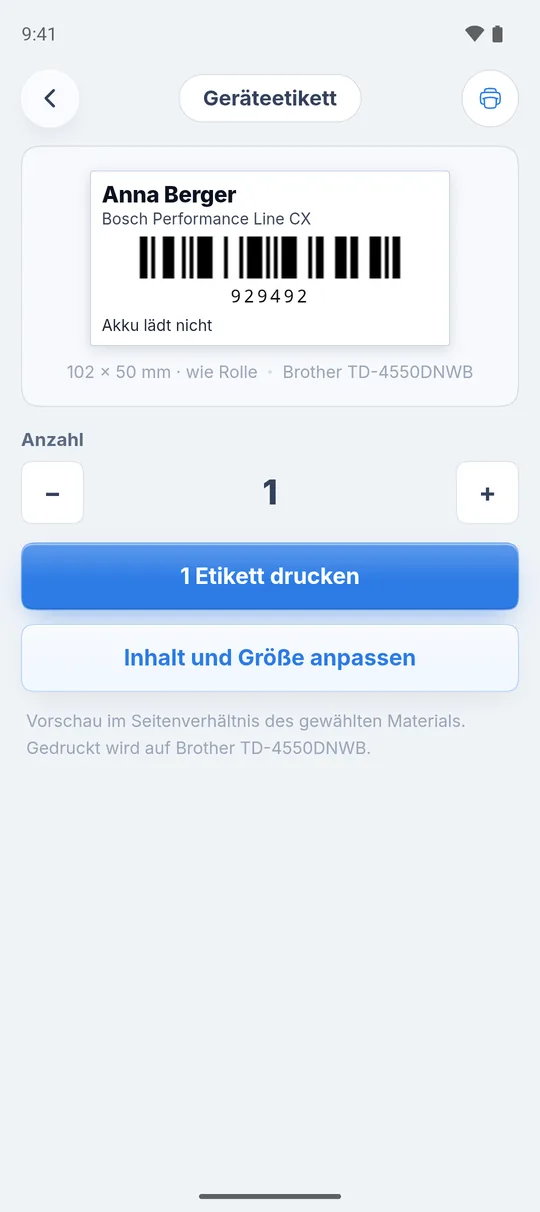 Geräteetikett mit Vorschau, „Anzahl“, „1 Etikett drucken“ und „Inhalt und Größe anpassen“