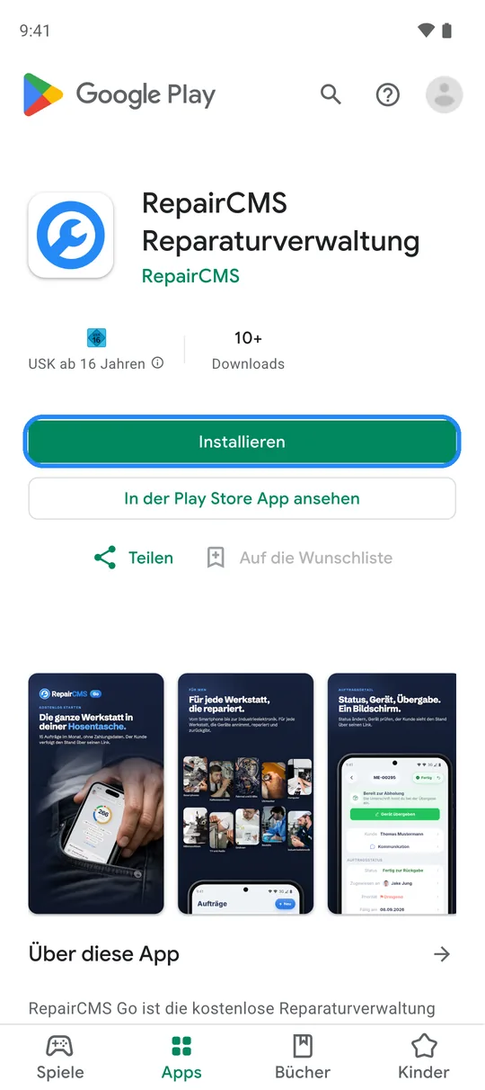 Eintrag der RepairCMS App in Google Play mit dem Knopf „Installieren“