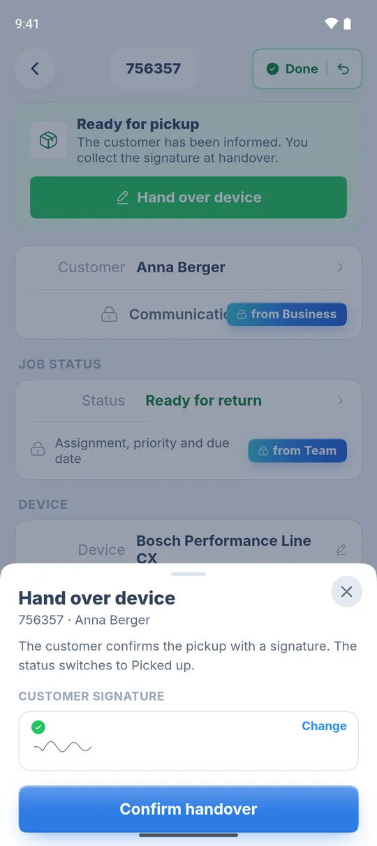 “Hand over device” sheet with the customer signature and the “Confirm handover” button