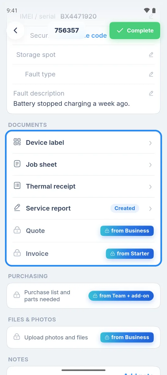 Job in the RepairCMS app, “Documents” section with device label, job sheet, thermal receipt and service report, plus quote “from Business” and invoice “from Starter”