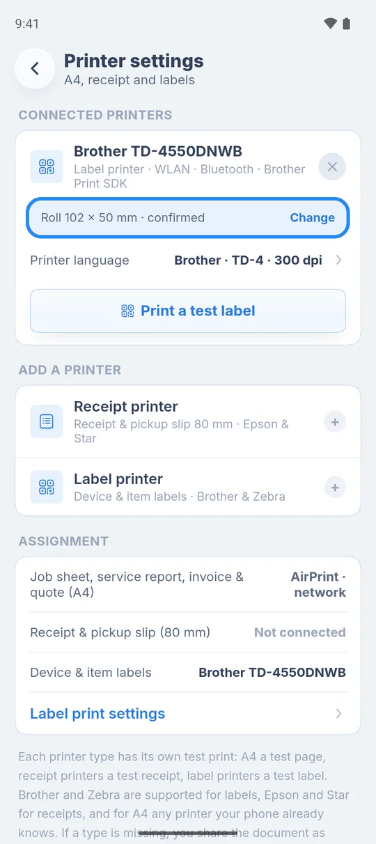 Connected Brother TD series label printer with “Roll 102 × 50 mm · confirmed”, “Change” and “Print a test label”