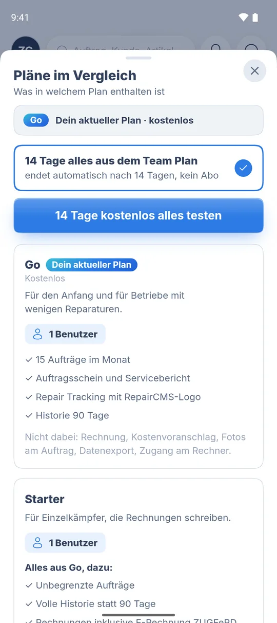 Pläne im Vergleich in der RepairCMS App, Karte Go mit dem Hinweis „Dein aktueller Plan“ und darunter der Starter-Plan
