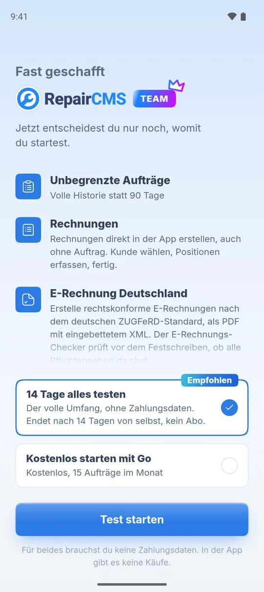 Planwahl „Fast geschafft“ mit den Karten „14 Tage alles testen“ (Empfohlen) und „Kostenlos starten mit Go“ und dem Knopf „Test starten“