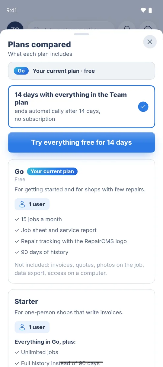 Plans compared in the RepairCMS app, Go card marked “Your current plan” and the Starter plan below