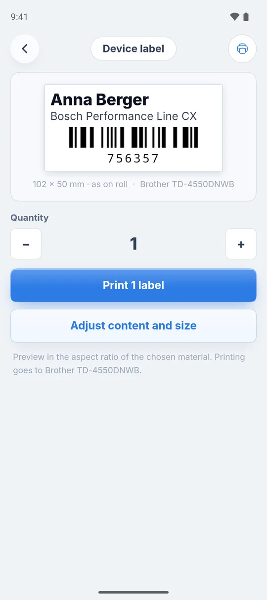 Device label with preview, “Quantity”, “Print 1 label” and “Adjust content and size”