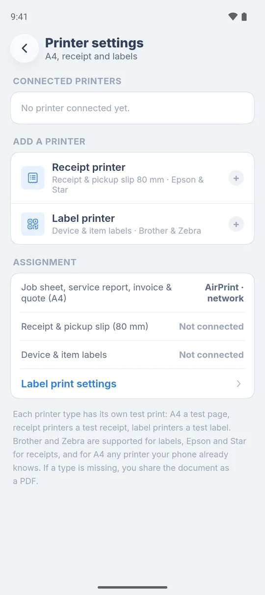 Printer settings in the RepairCMS app with “Connected printers”, “Add a printer” for receipt and label printers and “Assignment”