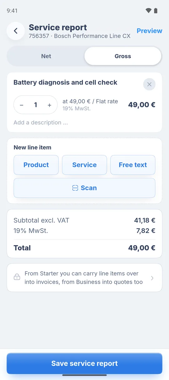 Service report with one line item, “New line item” with product, service and free text and the “Save service report” button
