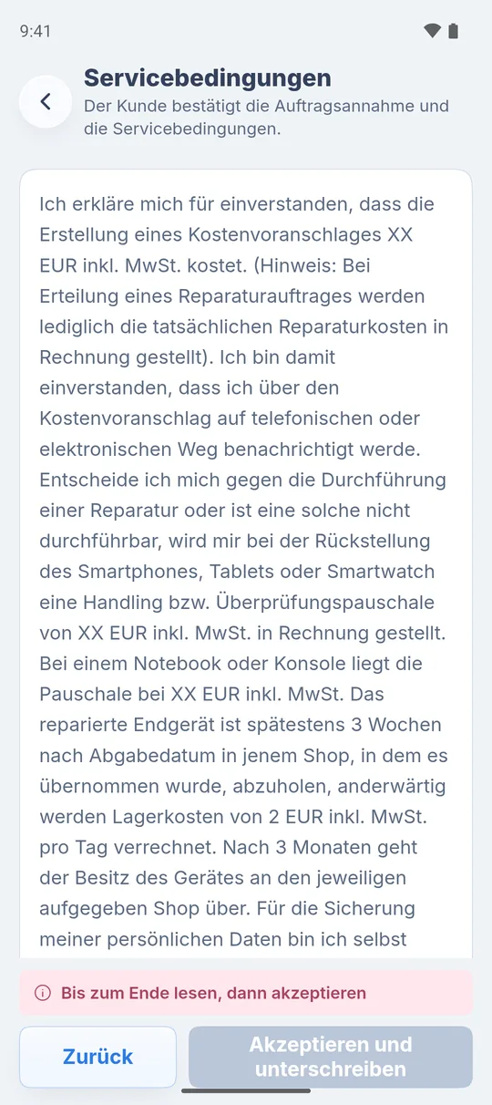 Seite „Servicebedingungen“ mit dem Hinweis „Bis zum Ende lesen, dann akzeptieren“ und „Akzeptieren und unterschreiben“