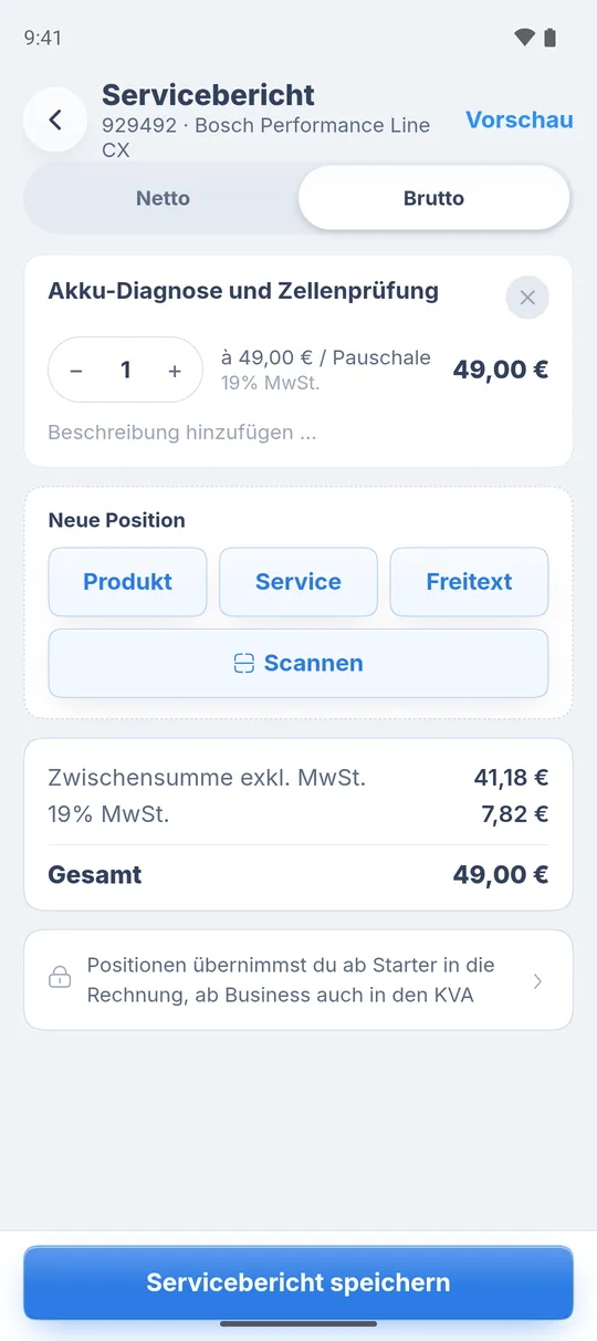 Servicebericht mit einer Position, „Neue Position“ mit Produkt, Service und Freitext und dem Knopf „Servicebericht speichern“