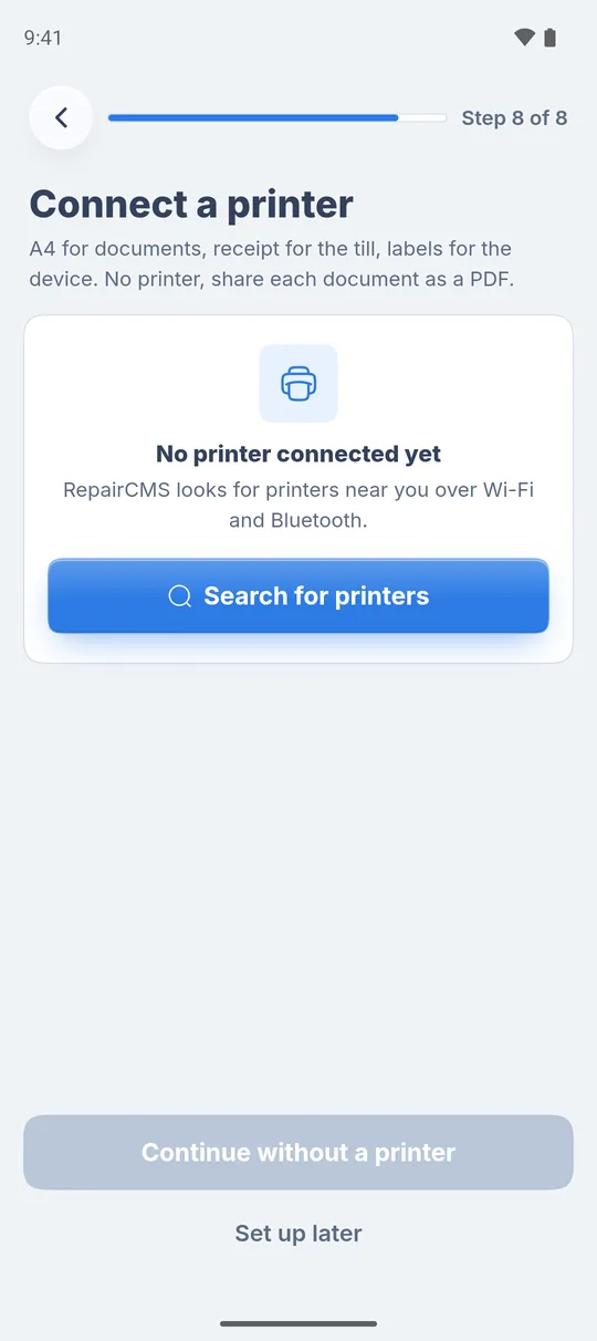 Step 8 of 8 “Connect a printer” with the “Search for printers” button, below “Continue without a printer” and “Set up later”