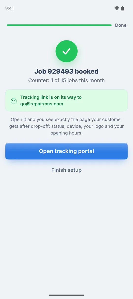 Test job booked with counter, “Tracking link is on its way to …”, “Open tracking portal” and “Finish setup”