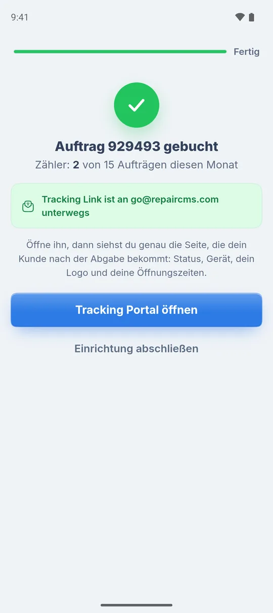 Testauftrag gebucht mit Zähler, „Tracking Link ist an … unterwegs“, „Tracking Portal öffnen“ und „Einrichtung abschließen“