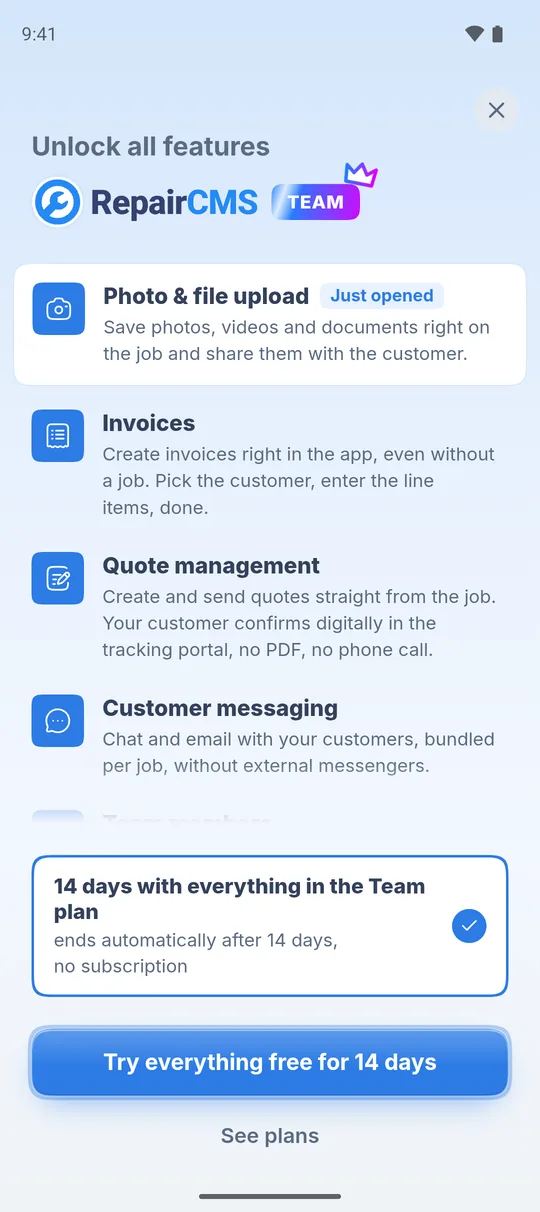 “Unlock all features” page opened from photo upload, the top row “Photo & file upload” marked “Just opened”, at the bottom “Try everything free for 14 days” and “See plans”