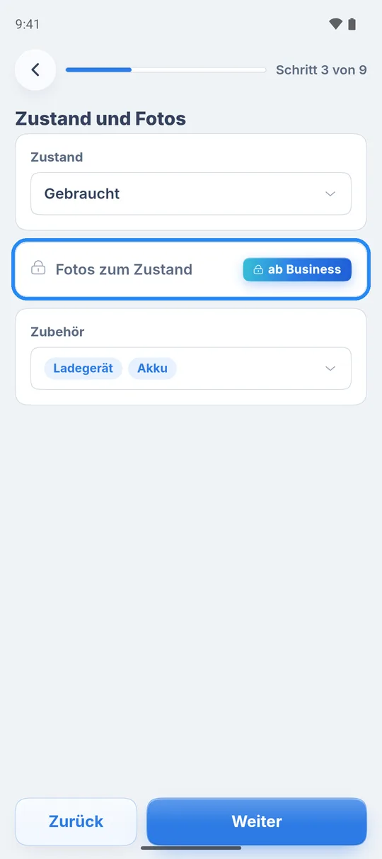 Schritt 3 von 9 „Zustand und Fotos“ in Go mit Zustand, Zubehör und der Karte „Fotos zum Zustand“ mit dem Hinweis „ab Business“