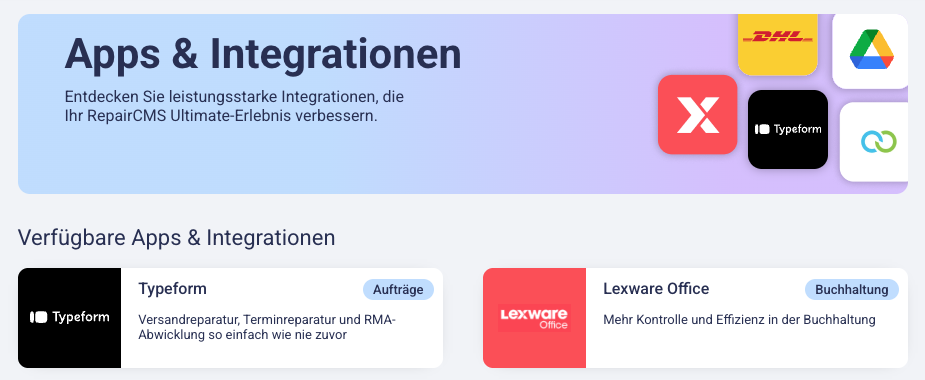 Apps and integrations page with the Lexware Office tile