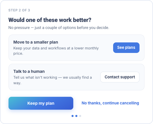 Cancellation step 2 of 3 “Would one of these work better?” with a smaller plan and support