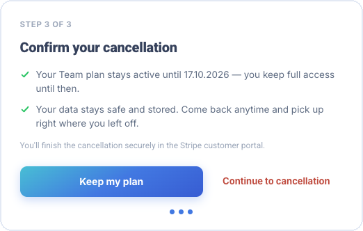 Cancellation step 3 of 3 “Confirm your cancellation” with the date and the “Continue to cancellation” button