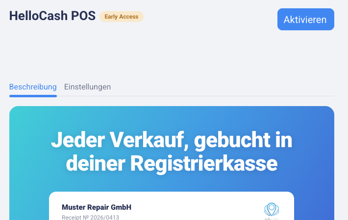 App-Seite „HelloCash POS“ mit dem Schild „Early Access“, dem Knopf „Aktivieren“ und den Reitern „Beschreibung“ und „Einstellungen“