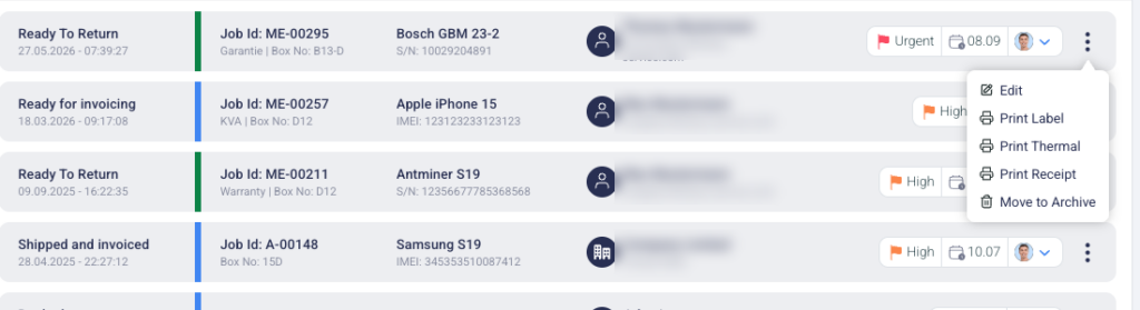 Job list with the three-dot menu open: Edit, Print Label, Print Thermal, Print Receipt, Move to Archive