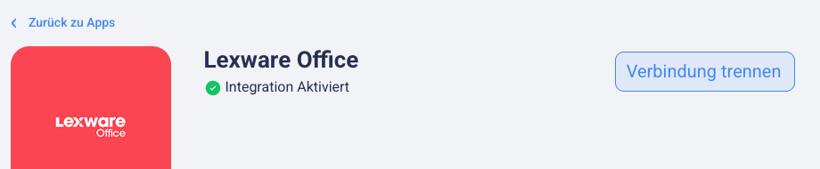 Kopf der Seite „Lexware Office“ mit „Integration Aktiviert“ und dem Knopf „Verbindung trennen“
