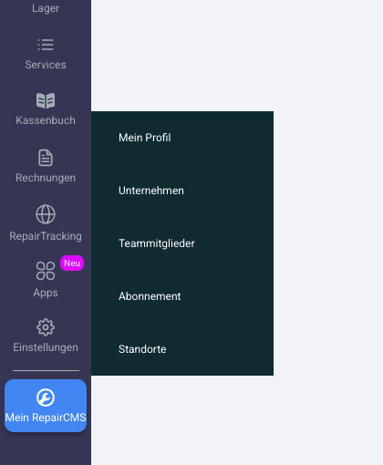 Aufgeklapptes Menü „Mein RepairCMS“ mit Mein Profil, Unternehmen, Teammitglieder, Abonnement und Standorte
