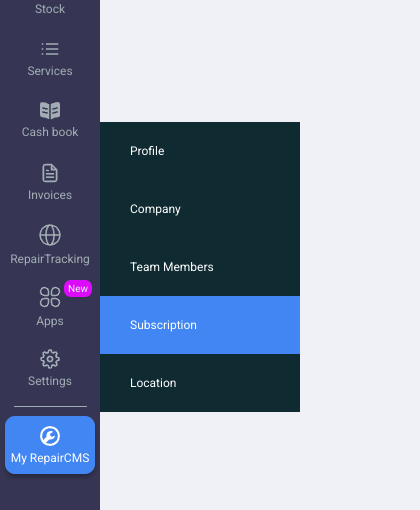 Open “My RepairCMS” menu with the profile, company, team members, subscription and locations entries