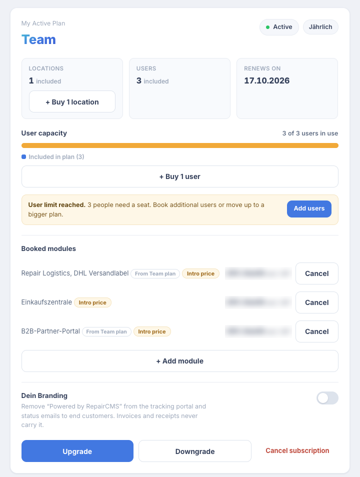 “Plans and Billing” page with current plan, user capacity, booked modules and the “Upgrade”, “Downgrade” and “Cancel subscription” buttons