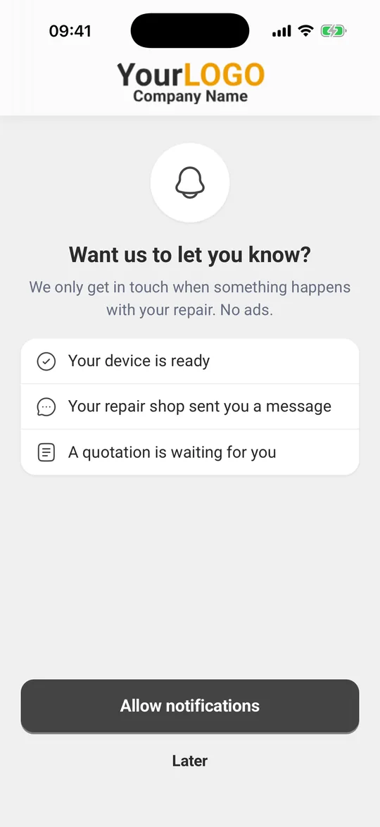 Screen “Want us to let you know?” with “Allow notifications” and “Later”