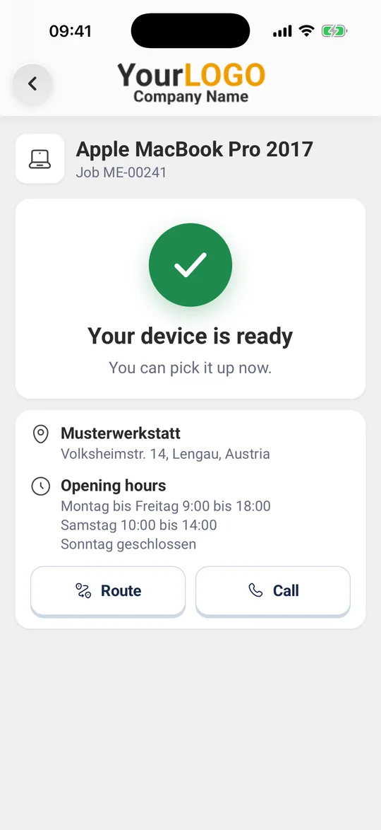 Screen “Your device is ready” with address, “Route” and “Call”