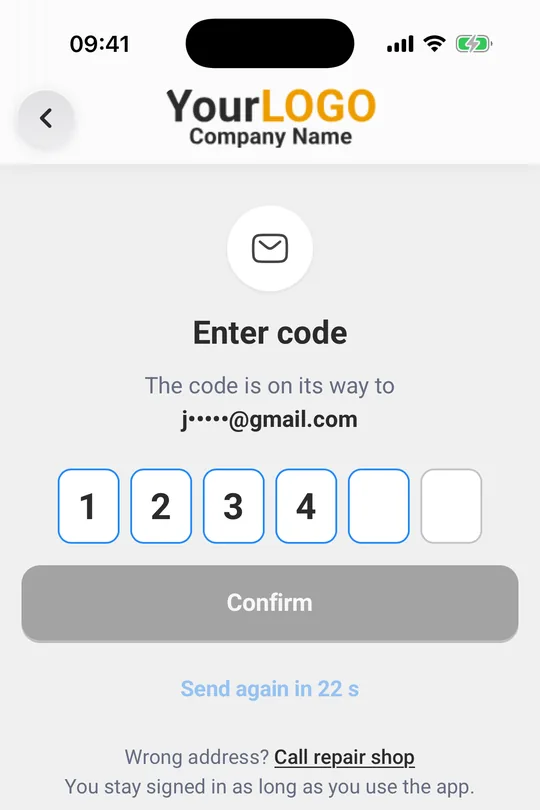 Screen “Enter code” with six boxes, “Confirm” and “Send code again”