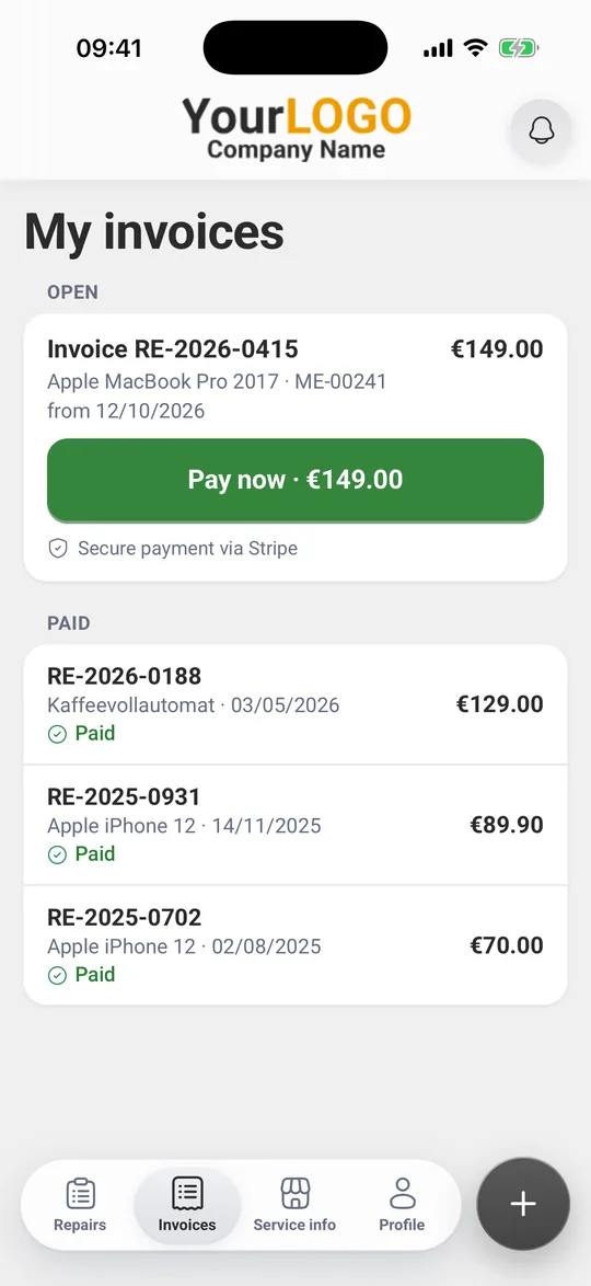 “My invoices” with an open invoice, “Pay now” and paid invoices below