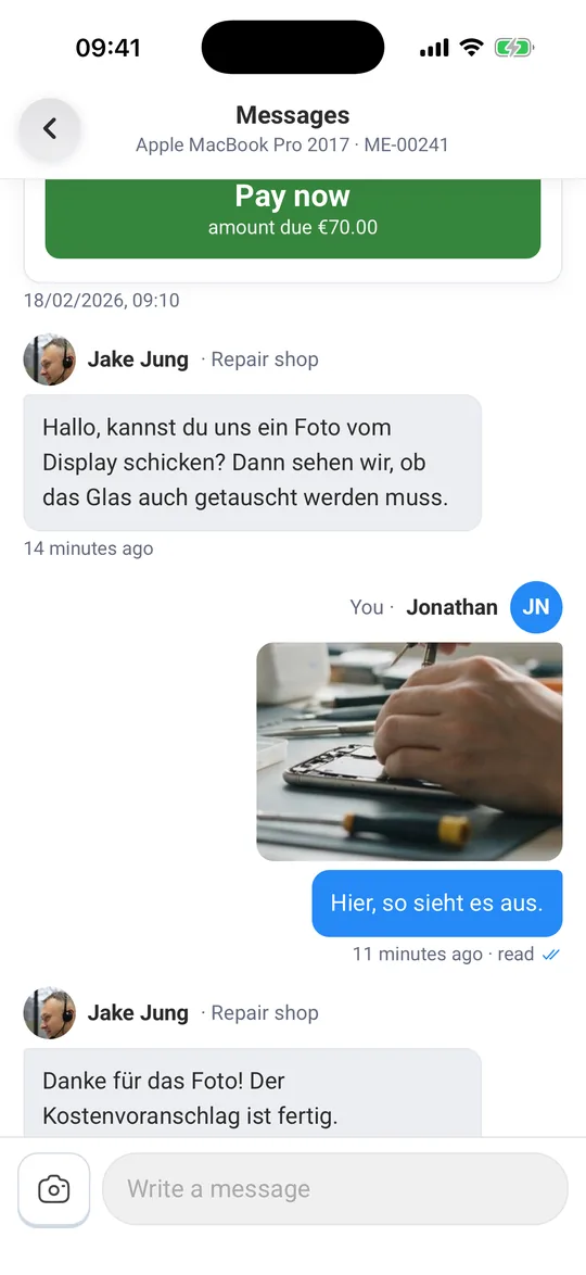 Messages with the repair shop, the “Write a message” field and the camera icon