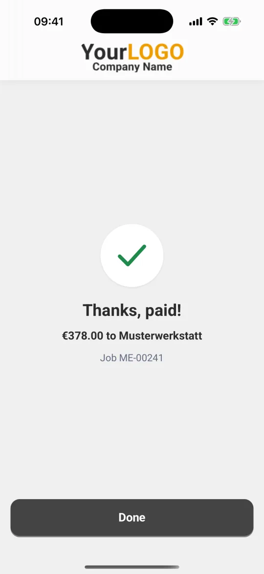Screen “Thanks, paid!” with amount, repair shop and the “Done” button