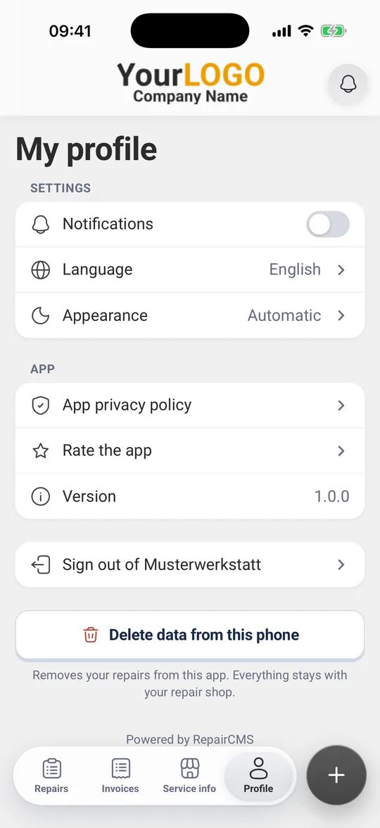 “My profile” with notifications, language, appearance, sign out and “Delete data from this phone”