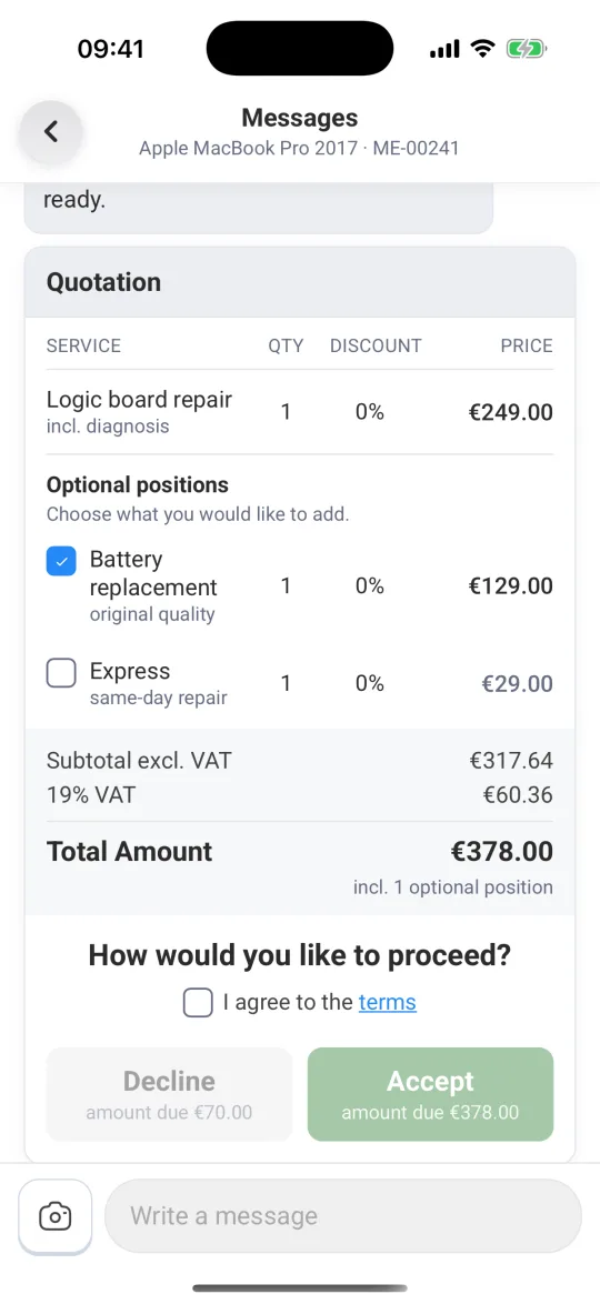 The “Quotation” card in the app with optional positions, “Decline” and “Accept”