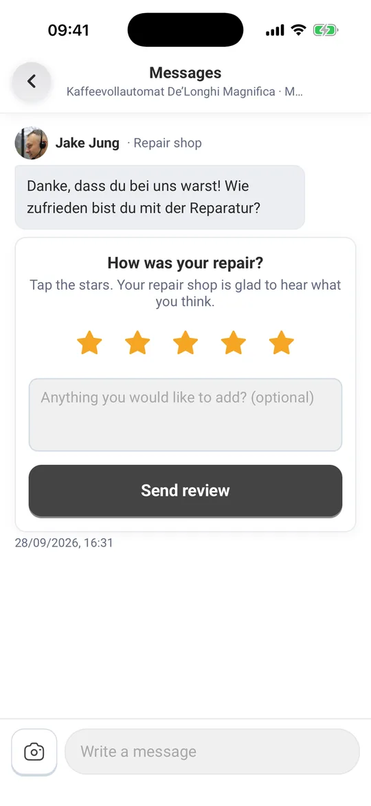 Review request “How was your repair?” with five stars and the “Send review” button